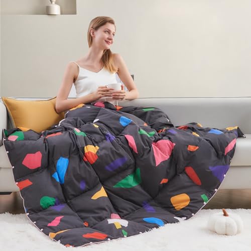 APSMILE Confetti Print Down Throw Blanket | Extra Fluffy & Warm Packable Feathers Down Blanket with Snap Buttons for Bed, Couch, Sofa, Travel, 50x70 Inches
