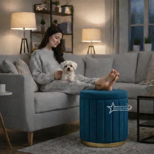 Image of Round Strip Stool with Cushion Foot Rest Office Stool Pouf Ottoman Padded Seat in Living Room - Aqua