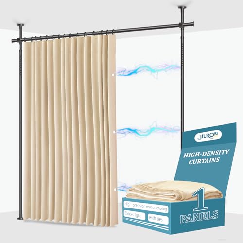 JILRON No-Drill Divider for Room Separation Set: Includes 106" W x 96" L Beige Curtain & Adjustable Pole Brackets (35-100" W x 43-120" H Adjustable Range)
