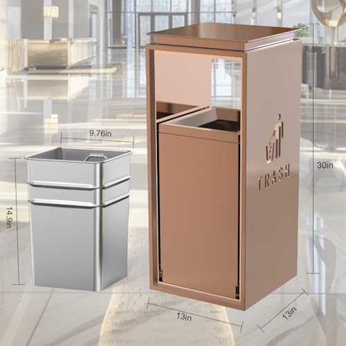 Image of Outdoor Trash Can with Lid, 51L /13.5 Gal-Lockable Commercial Trash Can with Nature Stone Panels, Heavy-Duty Rustproof Metal Garbage Can with Removable Liner for Parks & Public Spaces (Gold, flat)