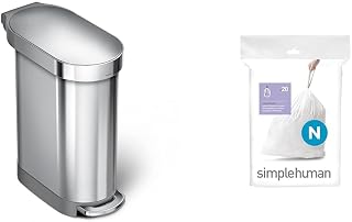 simplehuman 45 Liter / 12 Gallon Slim Hands-Free Kitchen Step Trash Can with Liner Rim, Brushed Stainless Steel & Code N Custom Fit Drawstring Trash Bags, 45-50 Liter / 12-13 Gallon, White, 20 Liners
