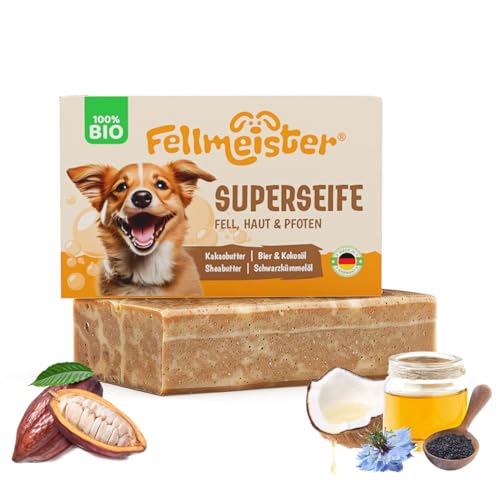 Fellmeister® Bio Hundeseife – 100% handgemachte Naturseife für Hunde – nachhaltige Fell- & Hautpflege mit Kokosöl, Sheabutter & Schwarzkümmelöl – palmölfrei & plastikfrei (1er Stück)