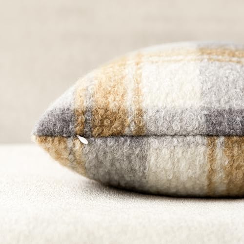 Image of Foindtower Pack of 2 Soft Faux Fur Boucle Throw Decorative Pillow Covers Fuzzy Accent Check Cushion Sherpa Boho Farmhouse Pillowcase for Couch Sofa Bed Living Room Home Decor 18x18 Inch,Amber and Blue