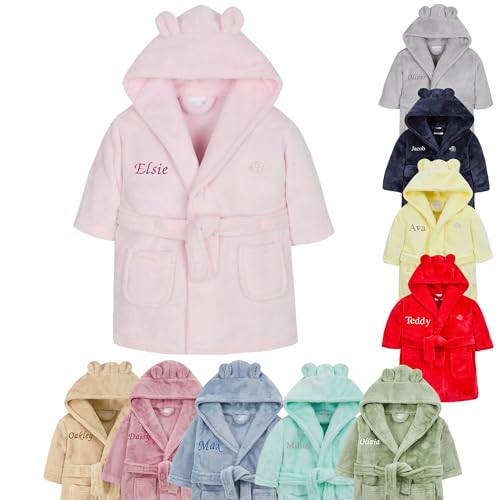 Baby Girl Boy Personalised Dressing Gown Bathrobe Hooded Bear Ear (Pink Bear Ear, 18-24 Months)