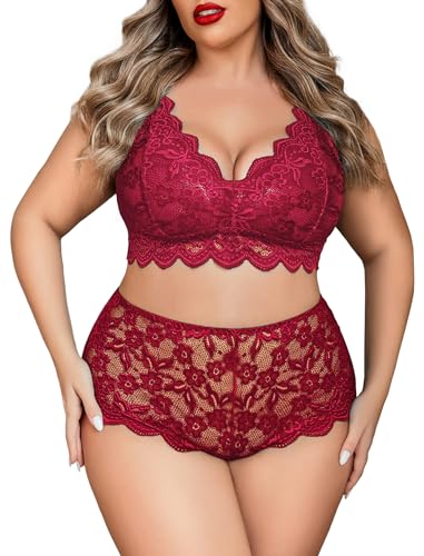 Image of Avidlove Plus Size Lingerie Set for Women Sexy Lace Halter Bralette High Waist Panty Set