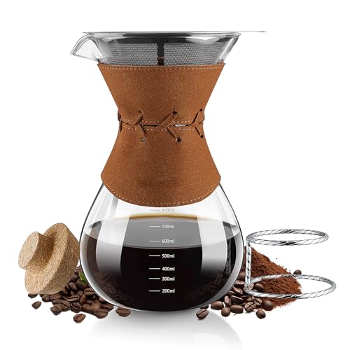 Pour Over Coffee Maker with Double-Layer Stainless Steel Filter - 27 oz Pour Over Coffee Dripper with Leather Collar, Heat Resistant 5 Cups Glass Coffee Carafe with Cork Lid for Hand Brewing Lovers