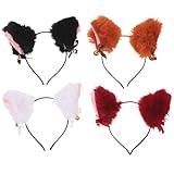 BELLIFFY Diadema de Orejas de Peluche Sintético 4 Unidades Negro Blanco Vino Café con Campanillas para Disfraz de Adulto y Fiestas Halloween y Carnaval