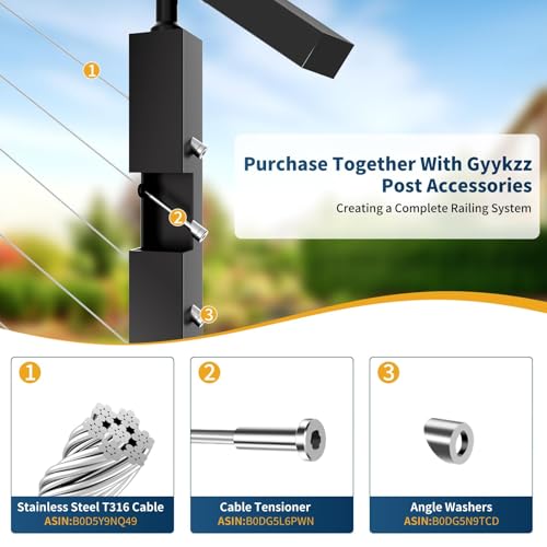 Image of 3 Pack Side Mount Stair Cable Railing Post 36 inch (Post Body 44 inch), Left Side Space-Saving Fascia Mount Deck Post for 36 inch-38 inch Stair Railing, Black Stair Handrail Post for Indoor Outdoor Stairway