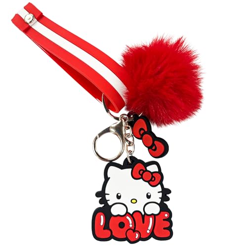 Hello Kitty Keychain | Hello Kitty Key Ring | Kawaii Pom Pom Fuzzy Key Chain | Kawaii Plush Lanyard Keychain | Sanrio Cat Figure Charm | Cute Sanrio Kitty Clip PomPom | Red | Officially Licensed