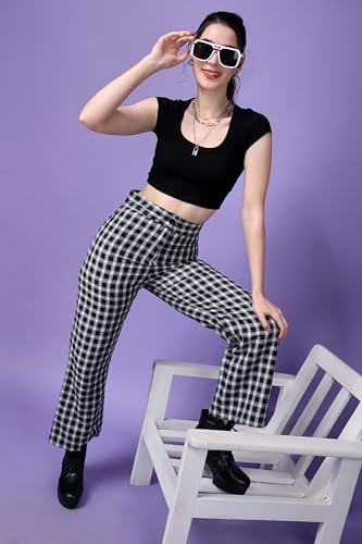 Image of POPWINGS Casual Check Print Button and Zip Closure Trouser for Women | Western Wide-Leg Trouser for Women | Summer Trousers for Women | Comfortable Semi-Formal Work Trouser for Women
