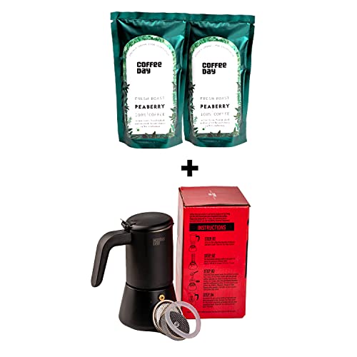 Image of Cafe Coffee Day PEABERRY Filter Coffee Powder with Stovetop Filter Coffee Maker (6 cups) | 100% Black Coffee | Freshly Roasted Ground Coffee Powder (South Indian Filter) | Pack of 2 (200gm each)