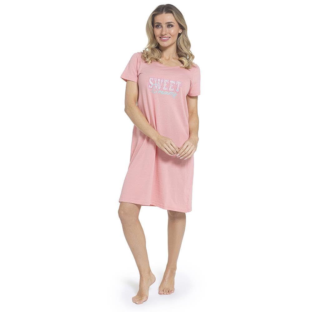A2Z Ladies Cotton Jersey Nightie Short Sleeve Oversized Sleep Shirt Dress - Nightie LDS 454 Dreams Pink 20/22