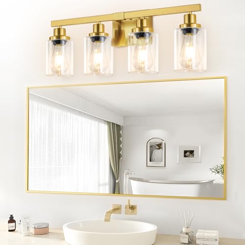 Image of Bathroom Vanity Light, 4-Light Modern Matte Gold Wall Sconce Lighting with Clear Glass Shade, Black Wall Lights,Bath Vintage Wall Mounted Lamps for Mirror Bedroom Living Room