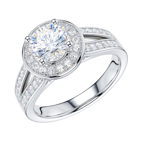 THELANDA 1CT Genuine Moissanite or Simulated Diamond Sterling Silver Split Shank Classic Large Halo Promise Engagement Ring For Women2