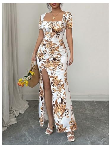 Image of Floerns Women's Floral Short Puff Sleeve Milkmaid Dress Boho A Line Long Dresses