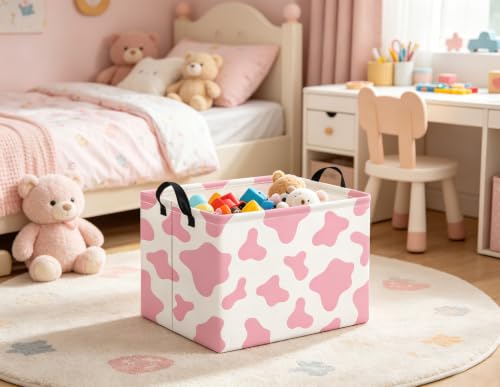 Image of Rectangular Baby Kids Storage Basket for Home Kitchen Girls Cute Toy Storage Bin Organizer Shelf Book Room Decor(Pink Cow)