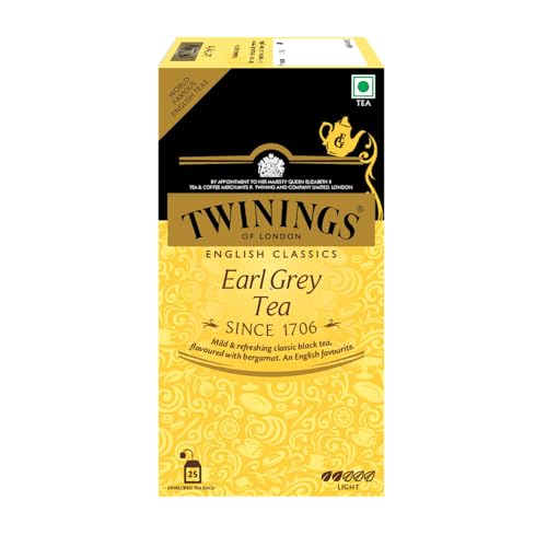 Image of Twinings Earl Grey Tea, 25 Tea Bags| Pack of 1| English Classic Range| Premium Black Tea| Light Strength| With Citrusy Notes of Bergamot|Mild & Refreshing Flavour| Enjoy as Hot or Iced Tea