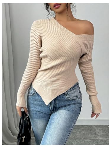 Women's Off Shoulder Ribbed Knit Wrap Sweater Long Sleeve Slim Fit Asymmetrical Pullovers Elegant Top4