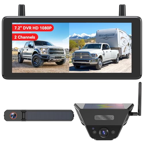 AUTO-VOX 2 Solar Wireless Backup Camera System with Two Cameras (License Plate & Portable): 7.2” 1080P HD Dual Channel Monitor