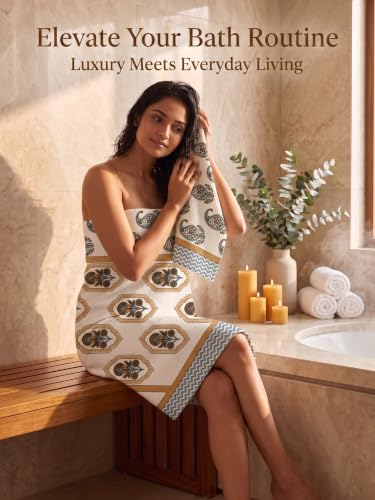 Image of Mafatlal Madhuban 250 GSM Premium Bathroom Towels Pack of 3 | Waffle Cotton | 147 x 76 cm | Lightweight & Quick Dry | Floral Design | Taupe Beige