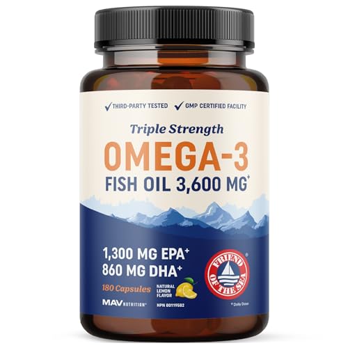 Triple Strength Omega 3 Fish Oil 3600 mg | EPA & DHA | Over 2100mg of Omega-3 Fatty Acids | Over 1300mg EPA + 860mg DHA | Best Essential Fatty Acids | Premium Burpless Softgel Supplements (180 Ct)