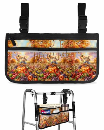 Anzona Hello Fall Wheelchair Side Bag Walker Bag, Farmhouse Farm Harvest Fruit Scarecrow Wheelchair Accessories Armrest Pouch, Organizer Storage Bag for Walkers, Rollators, Scooters, 7.3''x13''