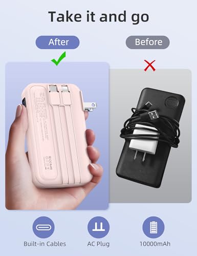 Image of RORRY Portable Charger w /Wall Plug 10000mAh Power Bank 22.5W Battery Pack | Built in Cables, Fast Charging, for iPhone, iPad, Samsung Galaxy, Pixel, LG, Travel Essential, Digital Display, Pocket Size