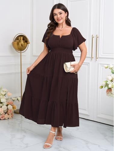 Image of SCOMCHIC Womens Plus Size Maxi Dress Formal Short Sleeve Square Neck Smocked Side Split Flowy A Line Tiered Long Dress