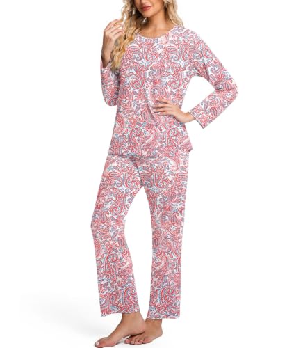 Image of ENJOYNIGHT Womens Pajama Set Cotton Pjs Long Sleeve Sleepwear with Pockets | Two Piece Crew Neck Sleep Set, Elastic Waist Long Pant, Lightweight Loungewear