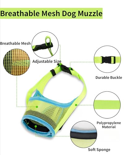 2 Pack Breathable Dog Muzzle - Soft Mesh Dog Mouth Guard with Comfortable Nose Protection, Adjustable Pet Safety Muzzle for Medium Large Dogs, Prevents Biting Barking (Fluorescent Green, Small)
