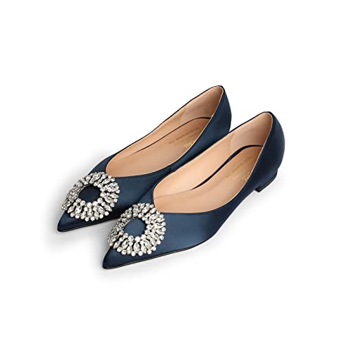 Meilygrss Womens Rose Red Pointed Toe Satin Embellished Solid Flats With Shiny Rhinestone Low Heel Comfortable Flats Dressy Party Lady Shoes #TOP3