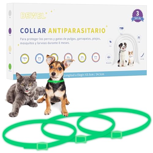DEWEL Set de 3 Collar Antiparasitario Luminoso en Noche sin Electricidad, Collar contra Pulgas Garrapatas Piojos y Mosquitos, Tamaño 34,5cm para Perros Medianos Pequeños y Gatos