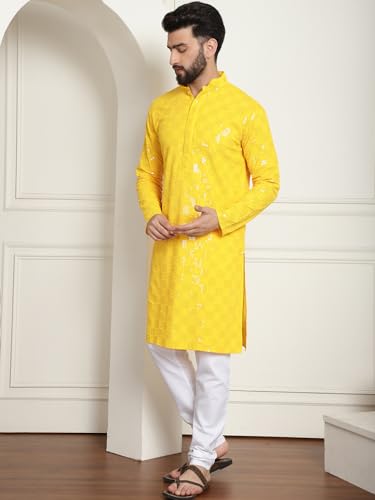 Image of SOJANYA (Since 1958 Men's Cotton Embroidered Sequinned Kurta With white churidar Pyjama