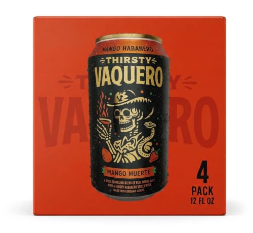 Image of Thirsty Vaquero, Mango Habanero Flavored soda (Mango Muerte), Mexican-inspired soda, Real Fruit Juice & Savory Spices, Made with Organic Agave, Low Calorie, Natural Juice, 12 oz Cans, 4-Pack