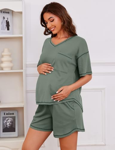 Image of Womens Pajama Sets Waffle Knit 2 Piece Short Lounge Set Cute Sleep Loungewear Pjs Set Short Sleeve Top and Shorts