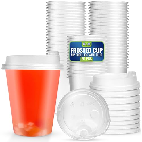 SNH Packing 50 Pack 12 oz Clear Frosted Plastic Cups with Sip-Thru Lids & Plug - Reusable Iced Coffee Cups Smoothie Plastic Cups with Lids for Cold Drinks Parties and Daily Use