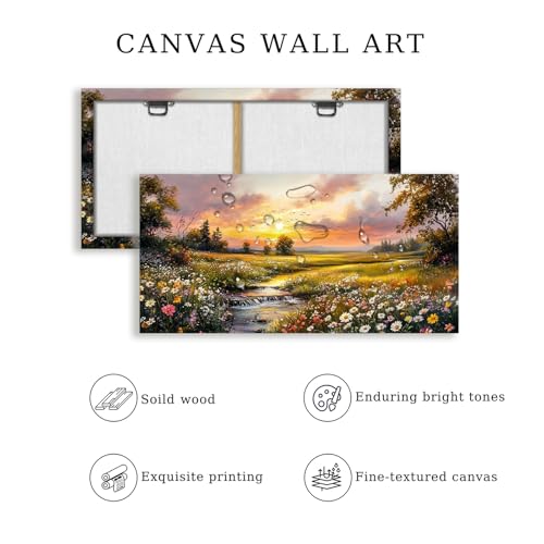crmotu Country Landscape Wall Art, Riverside Wildflower Daisy Large Artwork, Vibrant Rural Canvas Art Prints, Sunset Aesthetic Rustic Farmhouse Wall Decor Living Room Bedroom Dining Room 24X48 In