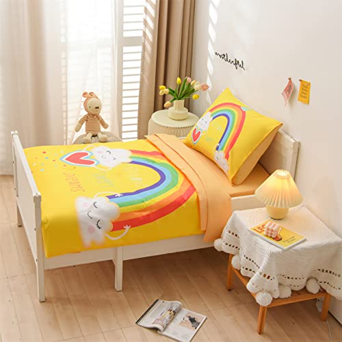 A Nice Night Bedding 4 Piece Cartoon Rainbow Toddler Bedding Set With Cloud Printed For Boys Girls Bed Comforter Sheet Set,Yellow #TOP2