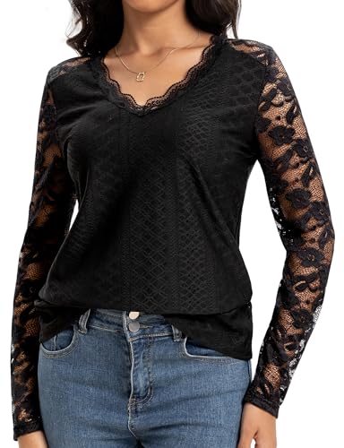 Becellen Camicias Donna Elegante, Casual Manica Lunga Blusa in Pizzo Maglia Particolari Tinta Unita Camicette con Scollo a V per Autunno Inverno