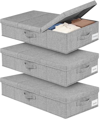 mepure 3 Pack 48L Underbed Storage, 79x40x15cm, Fabric Under Bed Storage Boxes with Lids, Large Foldable Clothes Storage Box W/Handle, Under Bed Storage Organiser for Clothes Blankets Shoes Toys, Grey
