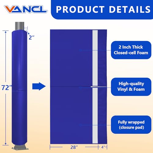 VANCL Heavy Duty Basketball Post Padding – 6FT Protective Wrap Around for Round Poles (4\" Diameter) – Garage, Basement, Outdoor Court Safety Pad Blue - Thumbnail 2