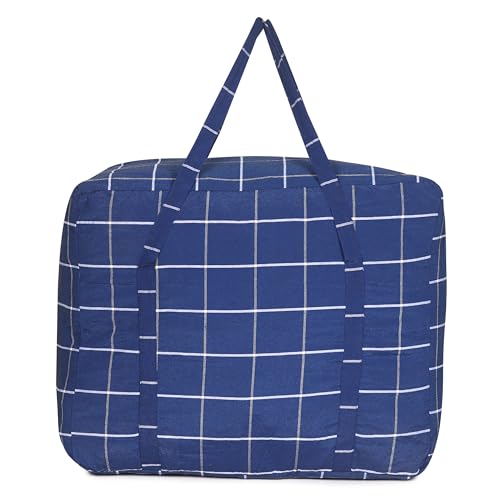 Image of HOUSE FOX (5 pc) Jumbo XXXL Cotton 142 Litre Underbed Storage Bag for Double Blanket | Quilt | Clothes | Traveling Storage Bag with Heavy Zipper & Strong Handle MultiPurpose 70x60x34 Cm Navy Blue