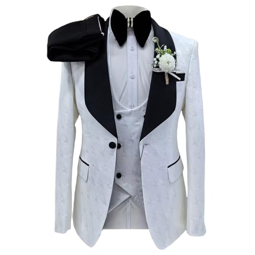 Men's Jacquard 3 Piece Suit White Tuxedo Formal Slim Fit Suit with Vest Black Pants for Wedding