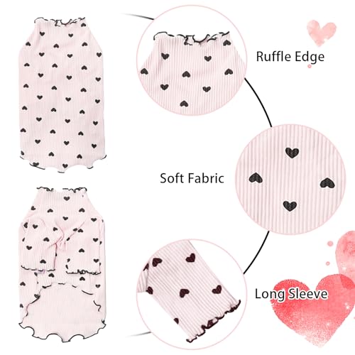 Yaopelky Haustierkleidung für kleine Hunde und Katzen, Sommer, Herbst, Herzmuster, dehnbar, Rüschen, langärmelige Outfits für Chihuahua, Schnauzer, Shih Tzu, Yorkie (Rosa, M)