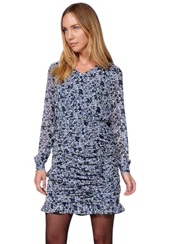 Koroshi Vestido Corto de Manga Larga con Escote de Pico y Falda Fruncida y drapeada con Estampado Floral Acuarela para Mujer en Color Azul, de Color Navy, Talla XXL