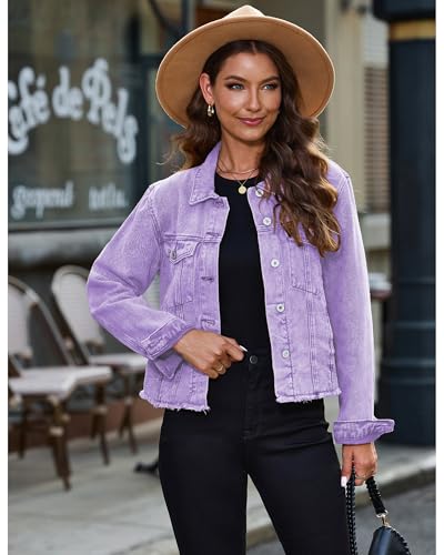 Image of luvamia Denim Jacket for Women Distressed Jean Jackets Button Up Vintage Western Trucker Jacket Frayed Hem Pockets