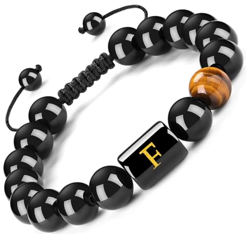 FRG Initials Bracelets Gifts for Men Letter Link Handmade Natural Black Onyx Tiger Eye Stone Beads Braided Rope Meaningful Bracelet Gifts for Son Grandson Husband Boyfriend Brother