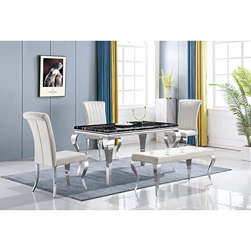 Azhome Dining Chairs Set Of 6, Beige Velvet Upholstered Dining Room Chairs With Silver Mirror Stainless Steel Cabriole Legs #TOP1