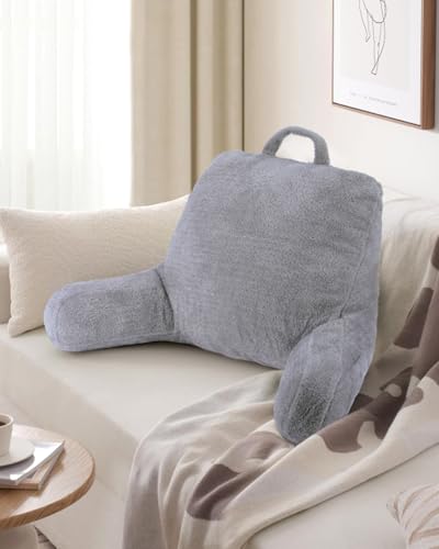 Image of Blissful Diary Plush Velvet Reading Pillow for Kids /Teens /Adults, Back Rest Pillow for Sitting Up in Bed with Shredded Memory Foam, Includes Arms and Washable Cover, Light Gray