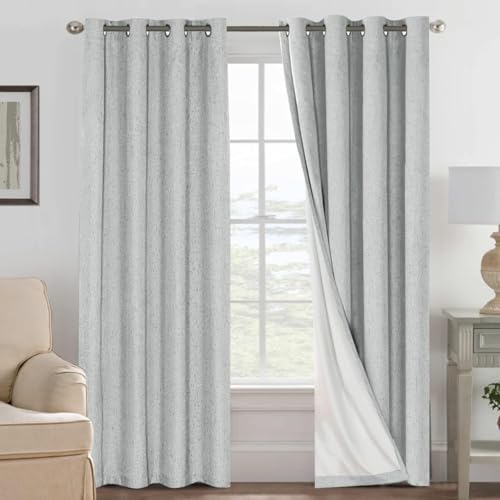 Image of H.VERSAILTEX Linen Curtains 100% Blackout Curtains for Bedroom 102 inch Long Full Light Blocking Nature Linen Blended Window Curtains for Living Room Nickel Grommet (2 Panels, Glacier Gray)